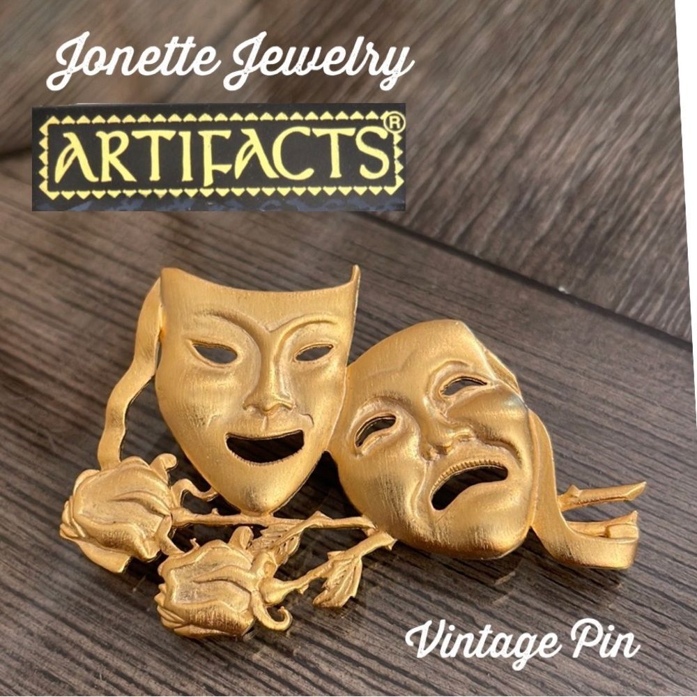 JJ Jonette Vintage Artifacts Comedy Tragedy Masks Brooch Pin Gold Tone